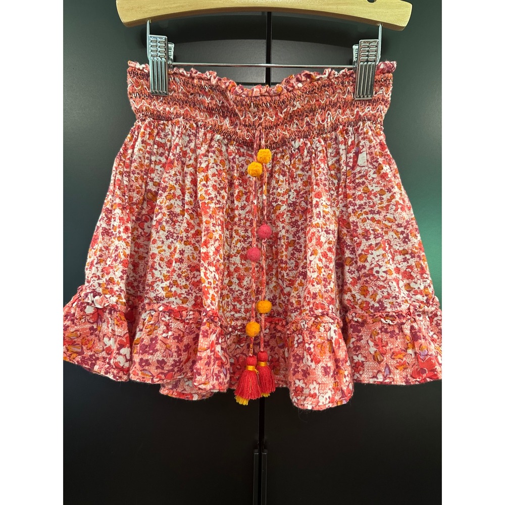 Poupette St Barth Kids Red Floral Smocked Tassel Mini Skirt Size Small 5-6Y